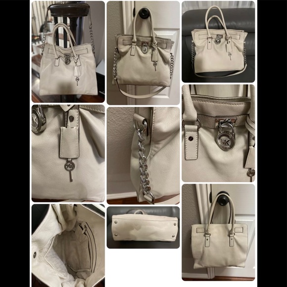 MICHAEL KORS Hamilton Cream Leather Large Satchel Shoulder Bag With Lock/Key 🔐 - Picture 10 of 11